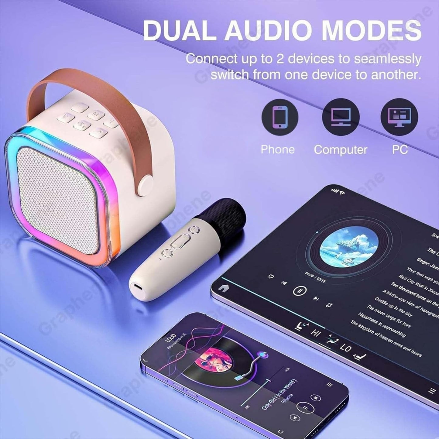 GRAPHENE Karaoke Machine for Kids Adults Rechargeable Wireless Mic Mini Portable Bluetooth Speaker Voice Changing Effects with Microphone & Dynamic LED Lights Best Gifts Toys for 3+ Age