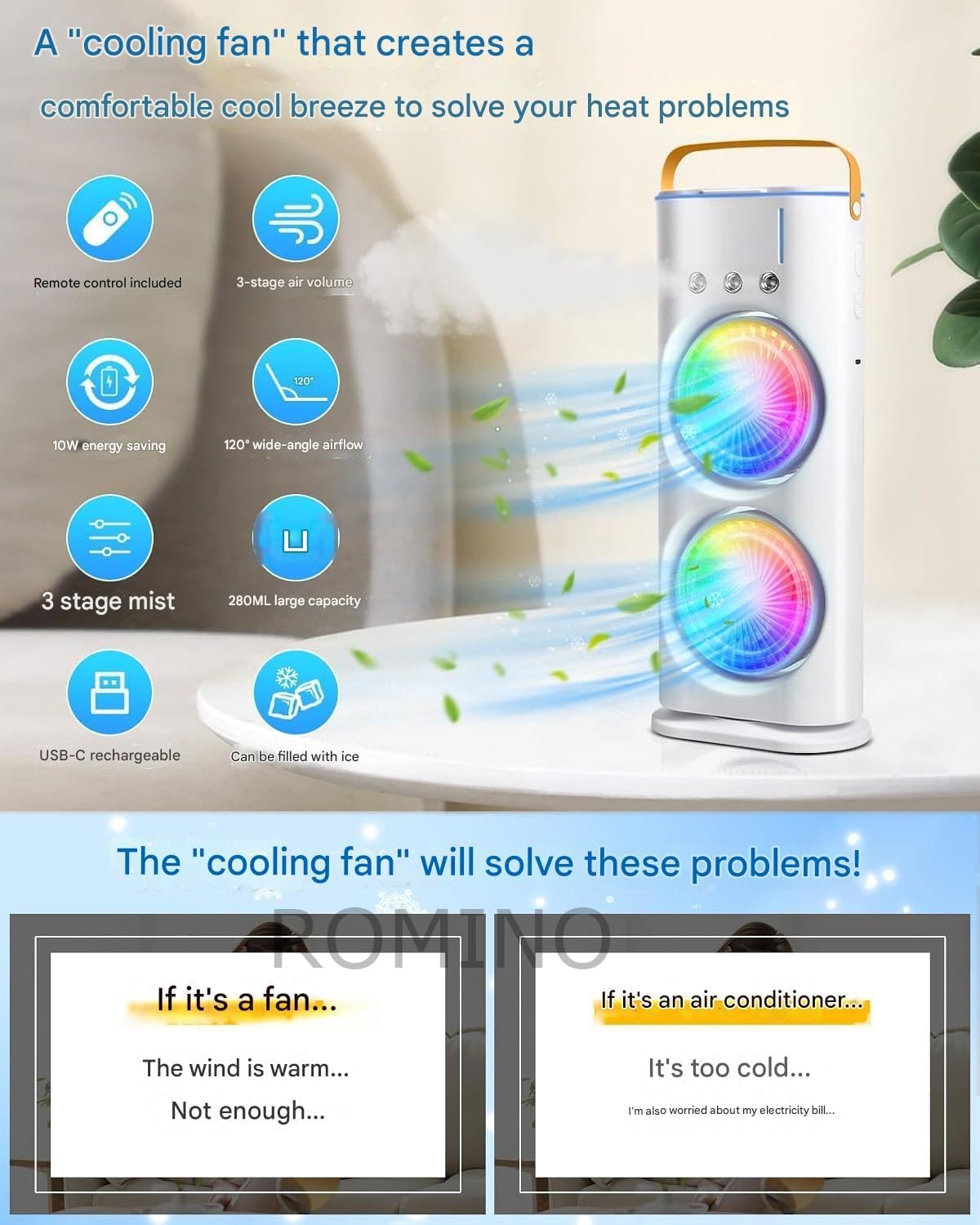 ROMINO Portable Double Ended Mist Spray Fan for Summer Room Cooling, USB Rechargeable Mini AC Air Cooler Misting Fans for Home,Table | Electric Cooler With 280ml Water Tank, 7colors Led & Remote