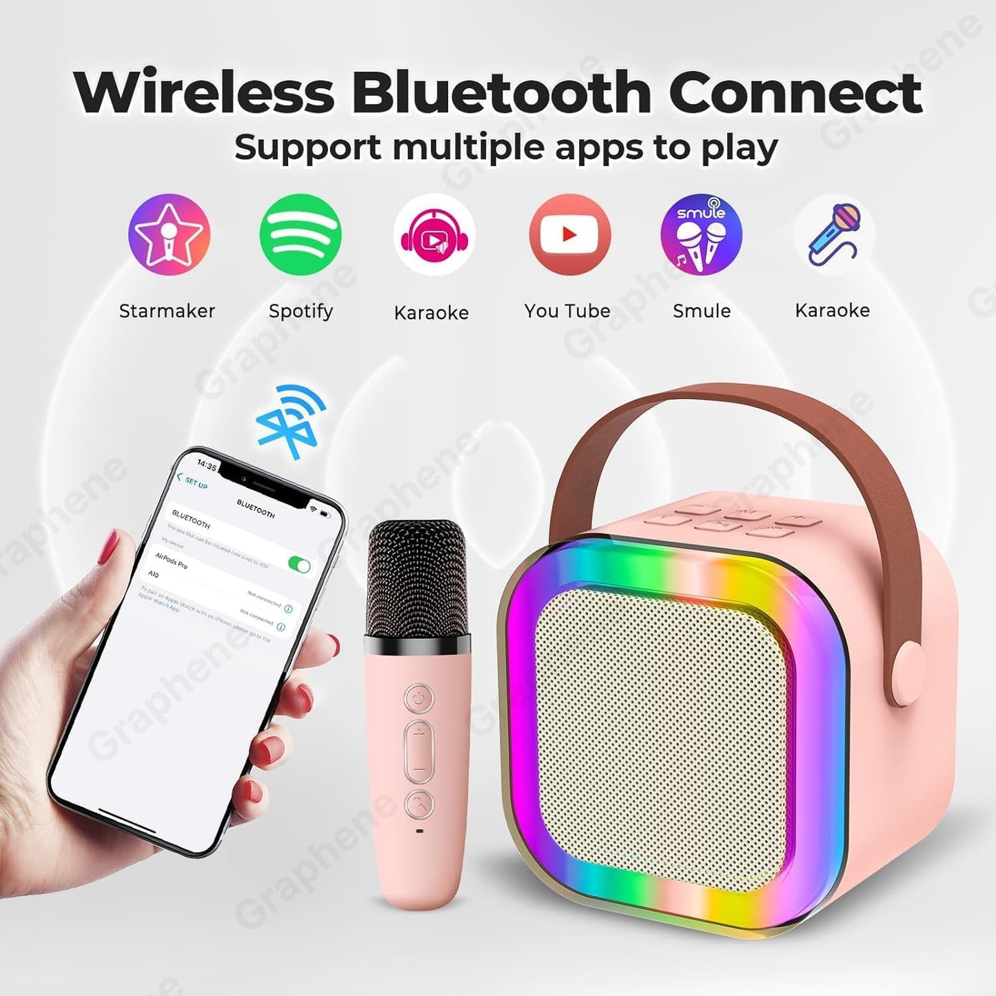 GRAPHENE Karaoke Machine for Kids Adults Rechargeable Wireless Mic Mini Portable Bluetooth Speaker Voice Changing Effects with Microphone & Dynamic LED Lights Best Gifts Toys for 3+ Age