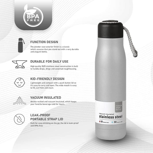 JIALTO Water Bottle - Benz Inner & Outer Steel with PU Insulation, 550ml, 304 Stainless Steel, Food-Grade, 24 Hour Hot and Cold, Double Insulated, Ideal Water Bottle for Office and Home (Blue)