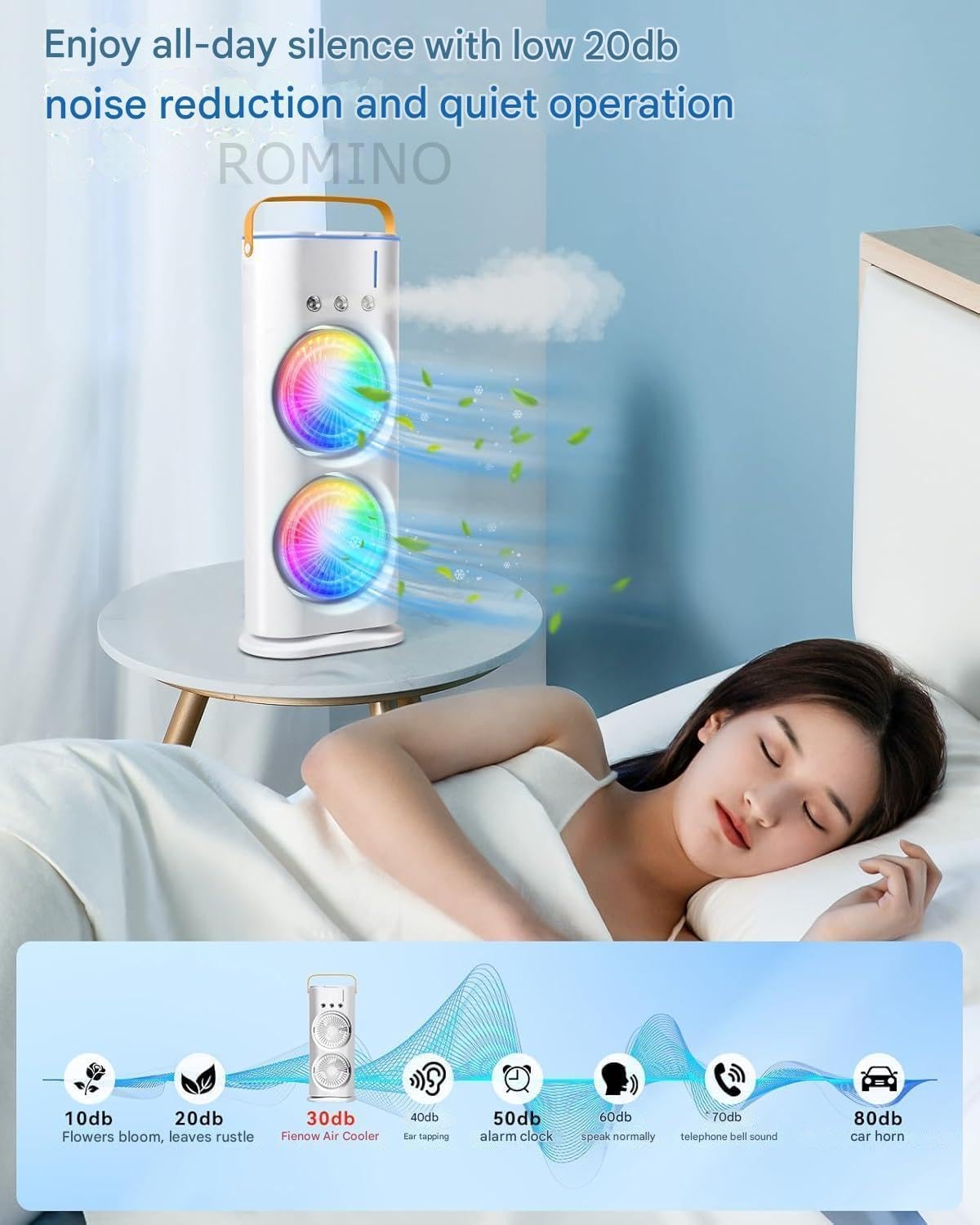 ROMINO Portable Double Ended Mist Spray Fan for Summer Room Cooling, USB Rechargeable Mini AC Air Cooler Misting Fans for Home,Table | Electric Cooler With 280ml Water Tank, 7colors Led & Remote