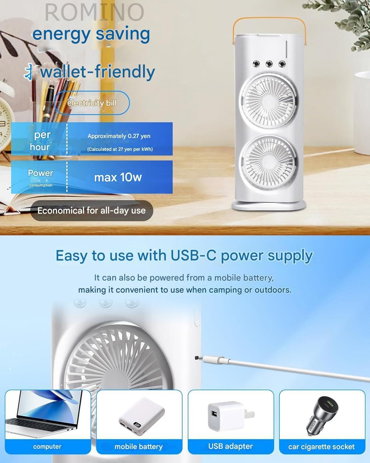 ROMINO Portable Double Ended Mist Spray Fan for Summer Room Cooling, USB Rechargeable Mini AC Air Cooler Misting Fans for Home,Table | Electric Cooler With 280ml Water Tank, 7colors Led & Remote