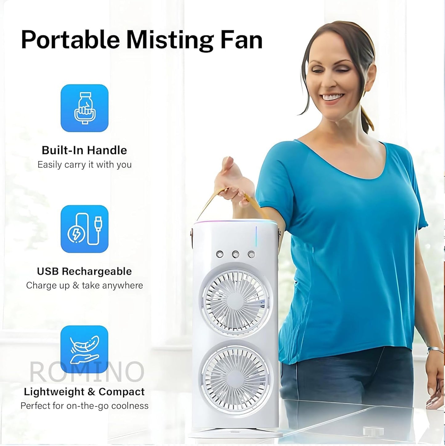 ROMINO Portable Double Ended Mist Spray Fan for Summer Room Cooling, USB Rechargeable Mini AC Air Cooler Misting Fans for Home,Table | Electric Cooler With 280ml Water Tank, 7colors Led & Remote