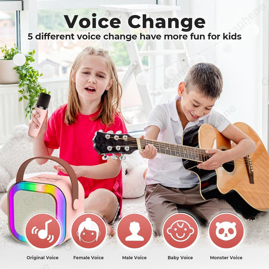 GRAPHENE Karaoke Machine for Kids Adults Rechargeable Wireless Mic Mini Portable Bluetooth Speaker Voice Changing Effects with Microphone & Dynamic LED Lights Best Gifts Toys for 3+ Age
