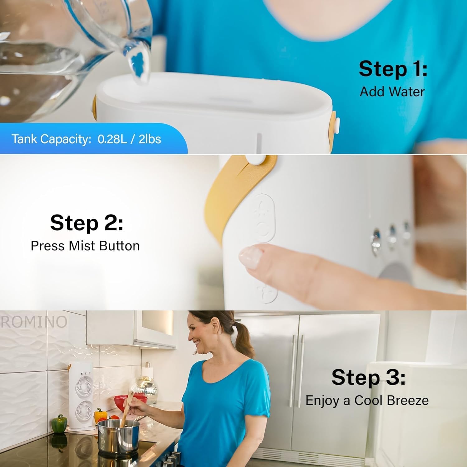 ROMINO Portable Double Ended Mist Spray Fan for Summer Room Cooling, USB Rechargeable Mini AC Air Cooler Misting Fans for Home,Table | Electric Cooler With 280ml Water Tank, 7colors Led & Remote